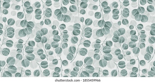 Botanical seamless pattern with vintage graphic silver dollar eucalyptus leaves. Hand-drawn illustration and texture. Light background. Good for production wallpapers, cloth, fabric printing, goods.