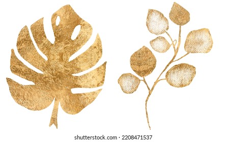 Botanical silhouette of golden leaves isolated on white background. Fine art florals illustration set, elegant delicate graphic clipart for wedding invitation card. Monstera leaf - Powered by Shutterstock