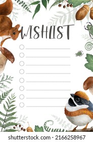 Botanical wish list template with autumn elements themed blank, personal organizer. Journal page layout design. Blank wishlist template.