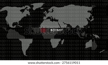 Botnet showing gray map with binary code background highlighting botnet cyber attack location. resolution use.