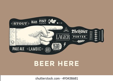 Bottle of beer with hand drawn lettering and text Beer Here for Oktoberfest Beer Festival. Vintage drawing for bar, pub, beer themes. Isolated black bottle of beer with lettering. Illustration