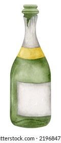 Bottle Of Champagne Watercolor Illustartion. Wine Clipart Element On White Background.