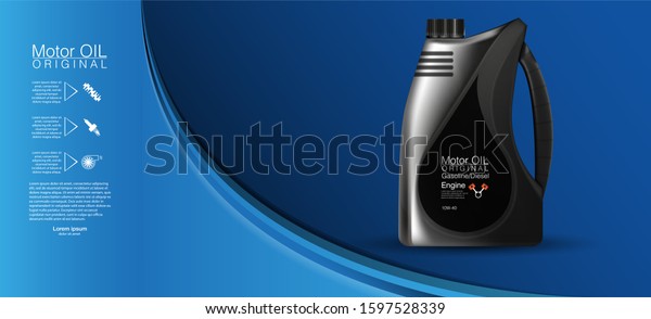 Bottle engine oil Canister\
of engine motor oil, full synthetic clinging molecules protection.\
with realistic canister and motor oil splashes on bright\
background.