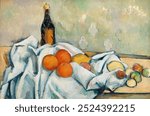 Bottle and Fruits (Bouteille et fruits) (ca. 1890) by Paul Cezanne. Vintage Bottle and Fruits art still life illustration, old Bottle and Fruits oil painting, Paul Cezanne