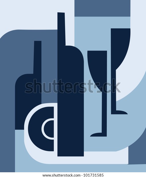 Bottle and glass\
abstraction in blue\
colors