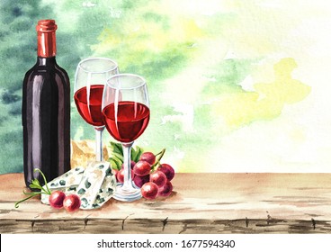 Bottle and Glass of red wine, grapes and mould cheese on wooden table in vineyard with blurry wine background with copy space. Hand drawn watercolor illustration