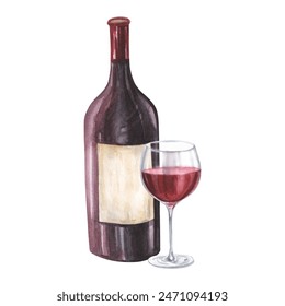 Bottle and glass of red wine watercolor illustration. Hand drawn isolated on white background. For restaurant, cafe, design, menu. - Powered by Shutterstock