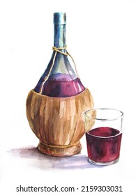 A Bottle And A Glass Of Traditional Chianti Wine  Painted In Watercolour                             