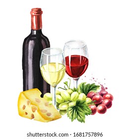 Bottle And Glass Of Wine, Grapes And Cheese. Hand Drawn Watercolor Illustration, Isolated On White Background