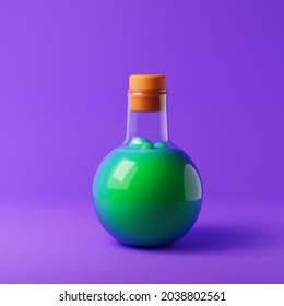 Bottle with green potion isolated over purple background. Halloween concept. 3D rendering.