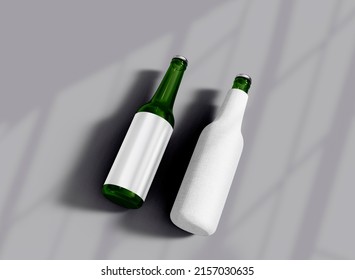 Bottle and Bottle Koozie on Grey Background Mockup. Isolated Bottle and Coozie. 3d Rendering
