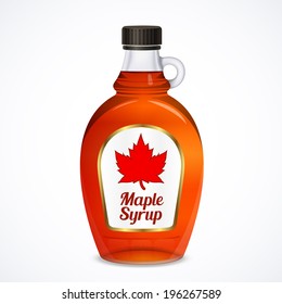 Bottle Of Maple Syrup With Label Red Maple Leaf  Isolated On White Background