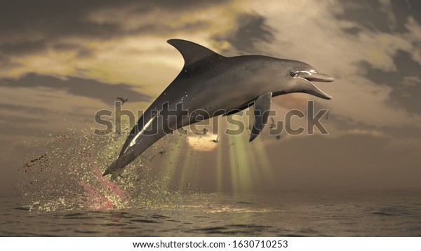 A bottle nose dolphin jumped high aobe the\
water 3d rendering