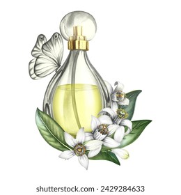 A bottle of perfume made of transparent glass, orange blossom flowers and a butterfly. Vintage yellow perfume with the scent of citrus flowers. A hand-drawn watercolor illustration. - Powered by Shutterstock