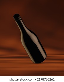 A Bottle Of Red Premium Wine On An Orange-red Background With A Tree Branch, A Snag. Presentation, Packaging, Mockup, Label. 3d Illustration, Render.