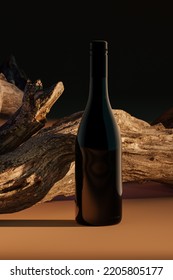 A Bottle Of Red Premium Wine On An Dark Background With A Tree Branch, A Snag. Presentation, Packaging, Mockup, Label. 3d Illustration, Render.