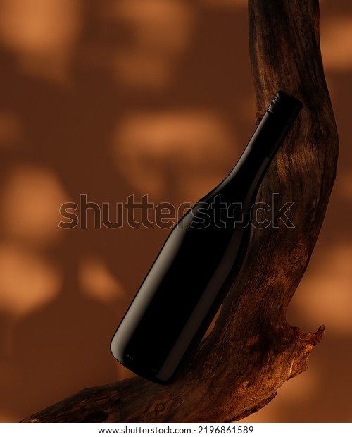 A bottle of red premium wine on an\
orange-red background with a tree branch, a snag. Presentation,\
packaging, mockup, label. 3d illustration,\
render.