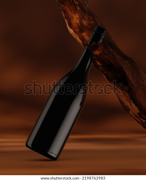 A bottle of red premium wine on an\
orange-red background with a tree branch, a snag. Presentation,\
packaging, mockup, label. 3d illustration,\
render.