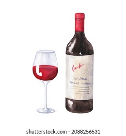 Bottle of red wine and glass with wine isolated on white. Watercolor illustration. Hand drawn food clipart. - Powered by Shutterstock