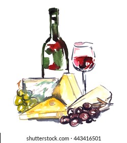 Bottle Of Red Wine, Glass And Variety Of Cheese And Grapes Painted In Watercolor On White Isolated Background