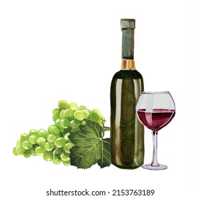 A bottle of red wine,Glass of vine and grapes. Watercolor alcohol drink painting. Vineyard concept illustration. Drink card themed clipart isolated on white.