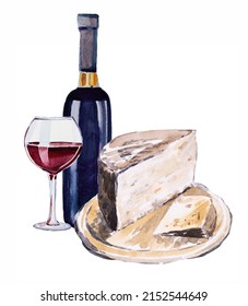 A bottle of red wine,Glass of wine and cheese. Watercolor alcohol drink painting. Vineyard concept illustration. Drink card themed clipart isolated on white.