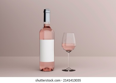 Bottle of rose wine with label and a glass goblet in photo-realistic style on a clear pink background. 3d realism render
