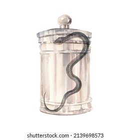 Bottle With Snake. Magic Ingredient Art. Watercolor Halloween Illustration Isolated On White Background