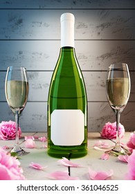 Bottle With Two Glass Of Champagne, Mockup Poster. 3D Render.