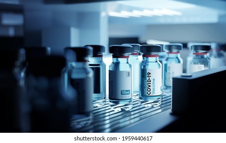 Bottle Vials Of Covid-19 Vaccine Production In Cold Refrigerated Storage. Pharmaceutical 3D Illustration.