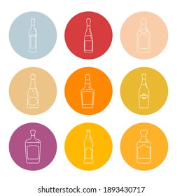 Bottle Of Vodka, Red Wine, Champagne, Whiskey, Liquor, Beer, Tequila, Martini, Rum In Form Of Thin Lines. Isolated Object Design Beverage. Graphic Illustration In Flat Style. Icon For Restaurant.
