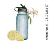 Bottle of water with lemon watercolor illustration