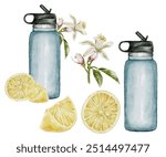 Bottle of water with lemon watercolor illustration