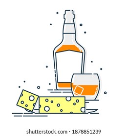 Bottle of whiskey and glass with snack cheese. Set of alcoholic drink and appetizer. Isolated flat illustration. Line art design for restaurant and pub.
 - Powered by Shutterstock