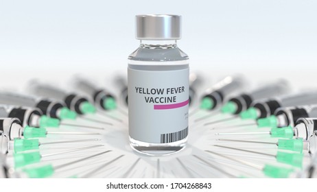 Bottle With Yellow Fever Vaccine And Many Syringes. Conceptual Medical 3D Rendering