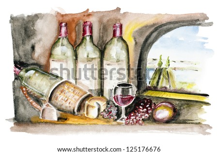 Bottle-aged French wine, cheese , grapes in the kitchen of the castle. Outside the window, summer landscape and river.Handmade watercolor painting illustration on a white paper art background isolated