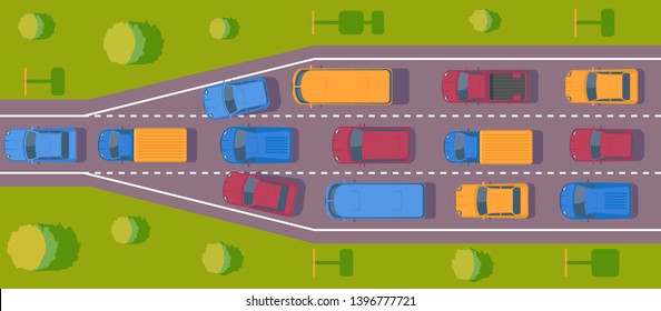 Bottleneck Traffic Jam. Road Dence Traffic On Motorway Or Highway. Different Car On Road.