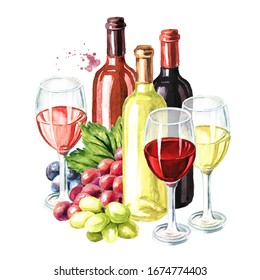 Bottles and glasses of Rose, Red and White wine with vine leaves and grape berries. Hand drawn watercolor illustration isolated on white background - Powered by Shutterstock