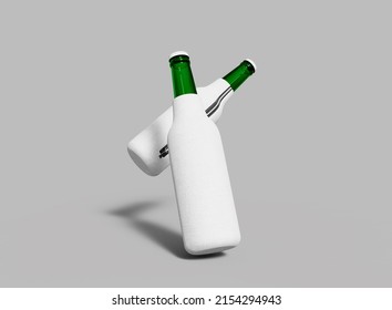 Bottles with Koozies on Grey Background Mockup. Isolated Two floating Bottles Coozies. 3d Rendering