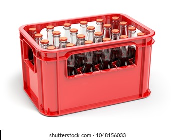Bottles with soda or cola in the red strage crate for bottles. 3d illustration