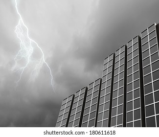 Bottom image of skyscraper with thunder lightning in sky