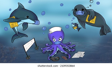 The Bottom Of The Ocean With Dolphin, Octopus And Sea Lion, They Wear A Protective Mask And Are In Line With The Doctor. Isolated On Blue.