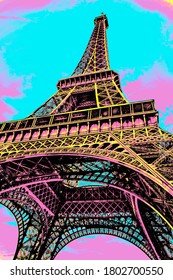 Bottom View Of Eiffel Tower Made Of Iron In Art Nouveau Style At Paris. The French Capital Known As The City Of Light. Blacklight Poster Filter.