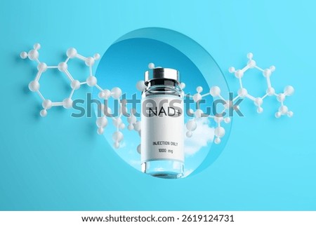 Bottom view of molecular structure NAD and ampoule with solution for injection in the hole on blue background. Concept of anti-aging therapy and life extension. 3d render, illustration.