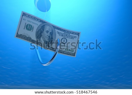 bottom view of one fish-hook in the water with a banknote,concept of fraud (3d render)