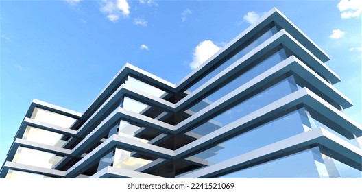 Bottom view of the top of a building with a glass facade against a blue sky. Great promotional banner for office space rentals. 3d rendering.