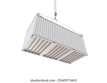Bottom view of a white cargo container being hoisted by hooks, isolated on a white background. The concept of service delivery and transportation. 3D illustration.