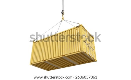 Bottom view of a yellow cargo container being hoisted by hooks, isolated on a white background. The export and import concept.3D illustration
