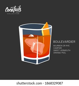 Boulevardier Cocktail Recipe. Classic Drink With Bourbon, Campari And Vermouth. Illustration On Black Background.