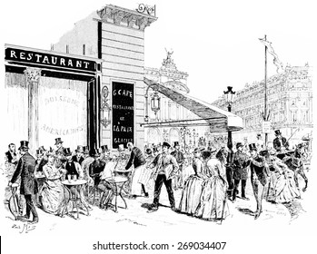 The Boulevards, The Corner Of The Place De L'Opera, Vintage Engraved Illustration. Paris - Auguste VITU  1890.